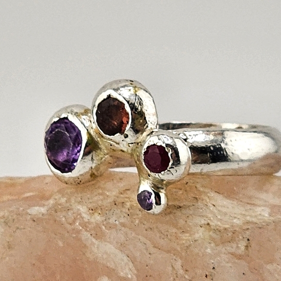 MULTISTONE HANDMADE RING GARNET & AMETHYST UNIQUE RING Made W Sterling Silve 5.5 - Picture 1 of 6
